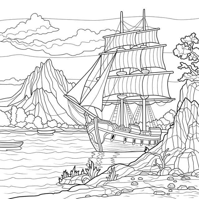 Ancient Ship with Red Sails by the Shore