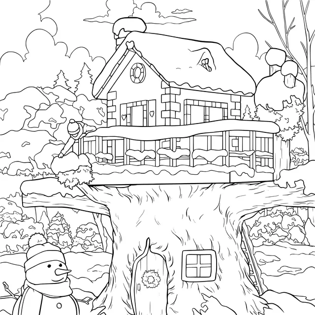 Snow - covered Cabin and Snowman