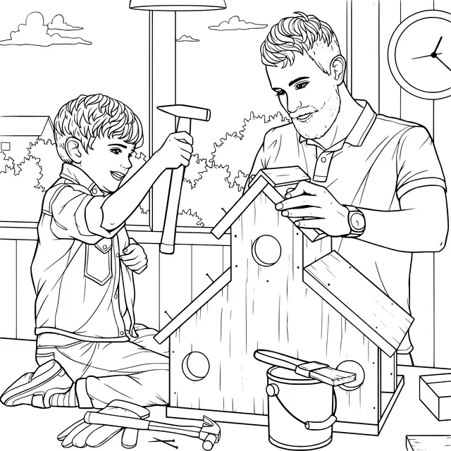 Father and son making a birdhouse together