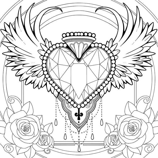 Heart with Wings and Rose Decorative Pattern