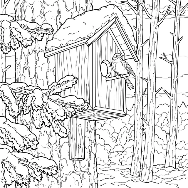 Birdhouse and Bird in a Snowy Winter Forest