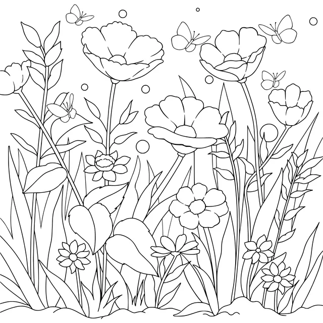 A Spring Scene of Blooming Flowers and Butterflies