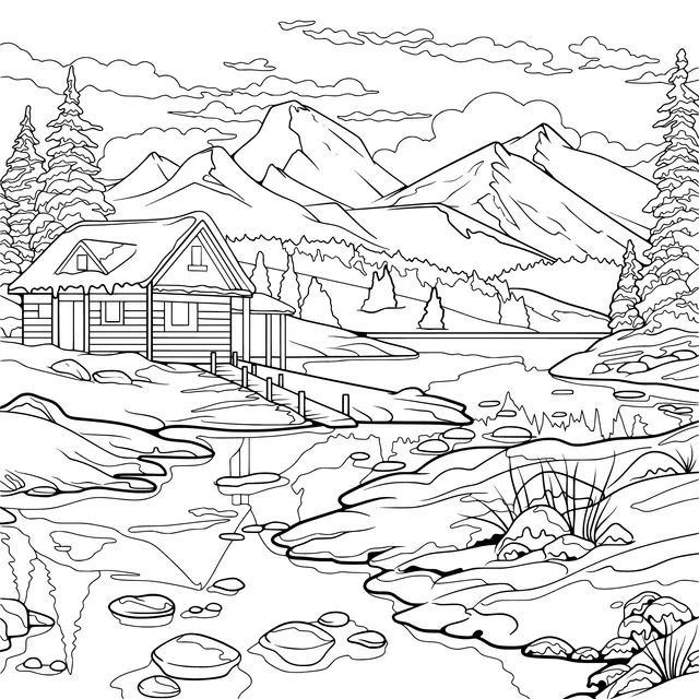Beautiful scenery of a cabin by the lake in winter