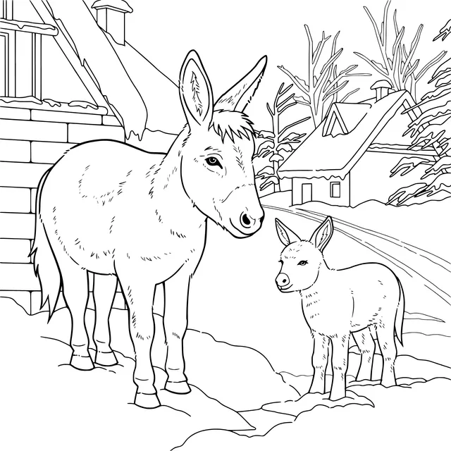 Mother - donkey and foal in the snow