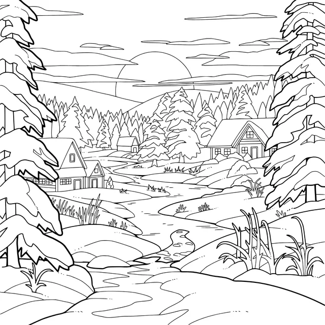 Snow - covered Village at Sunset in Winter