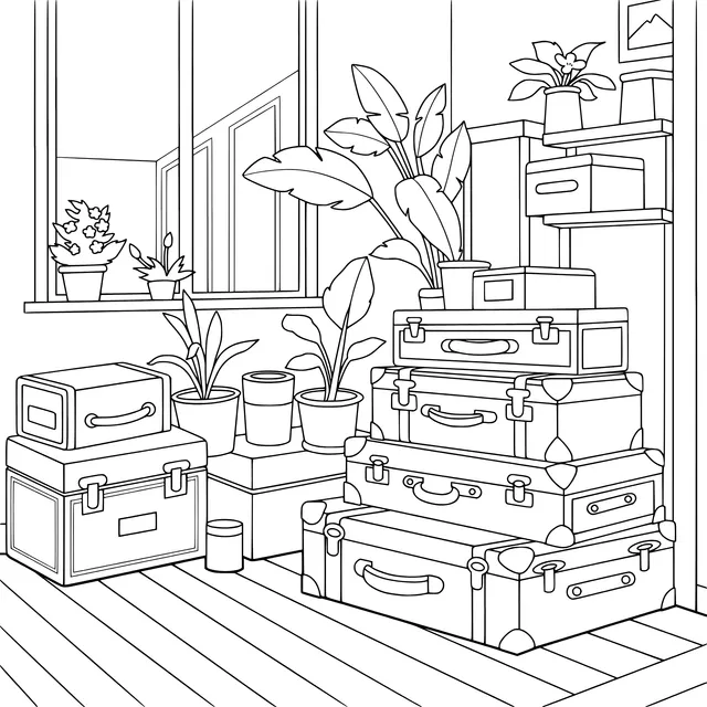 Stacked suitcases and green plants in the room