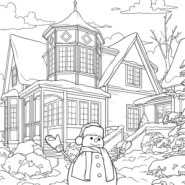 House and Snowman on a Snowy Day