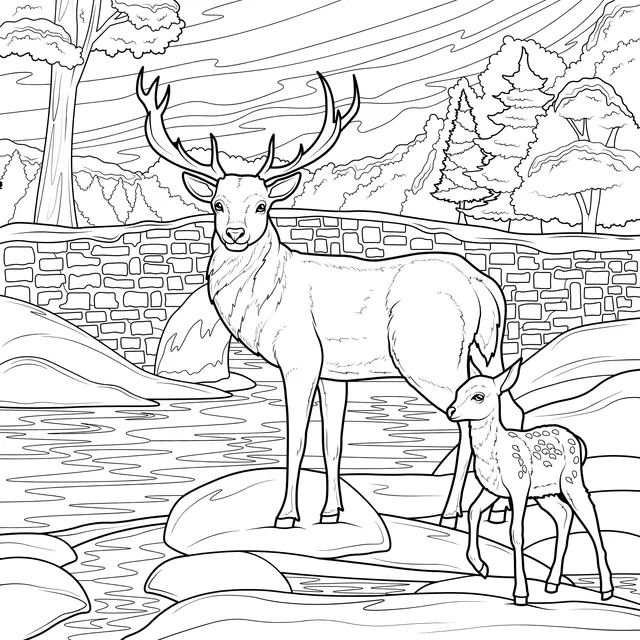 Mother deer and fawn by the stream