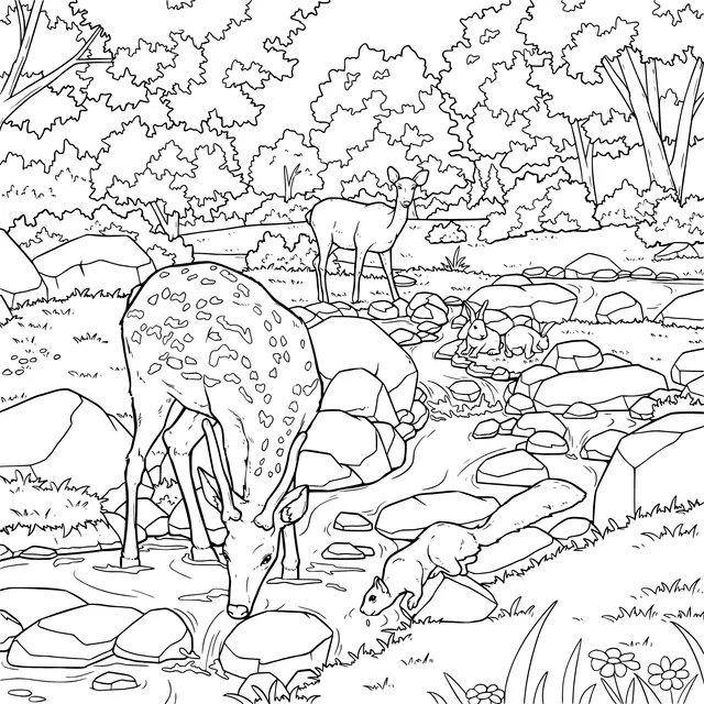Deer and Beaver by the Stream