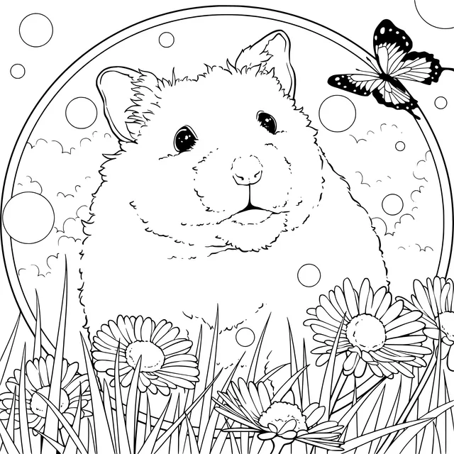 Hamster and Butterfly in the Flower Bed