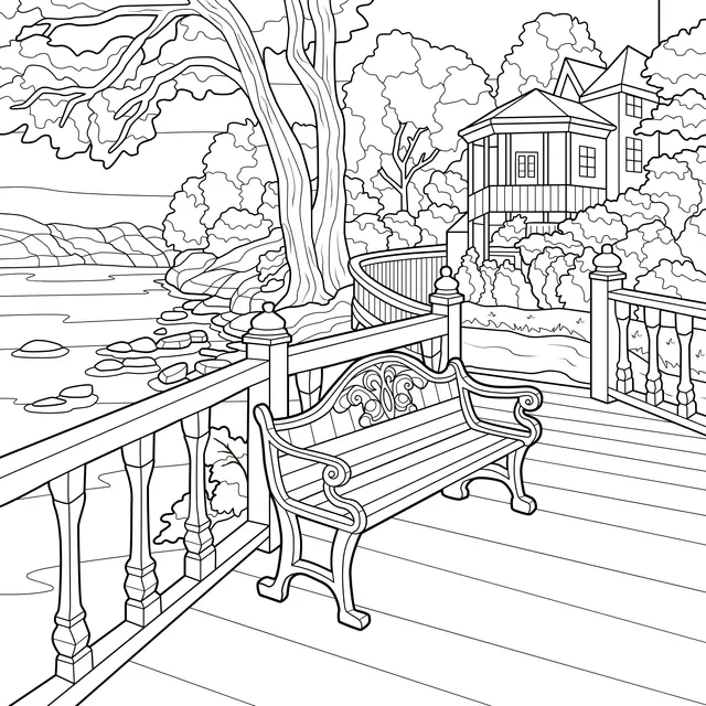 Scenic view of a bench on a riverside terrace
