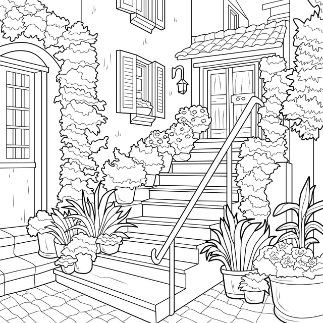 Courtyard Steps Adorned with Colorful Green Plants