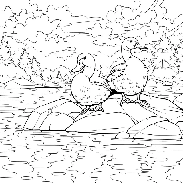 Two Ducks on a Rock in the River