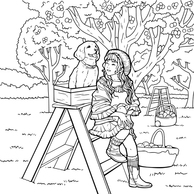Girl and dog picking apples in the orchard
