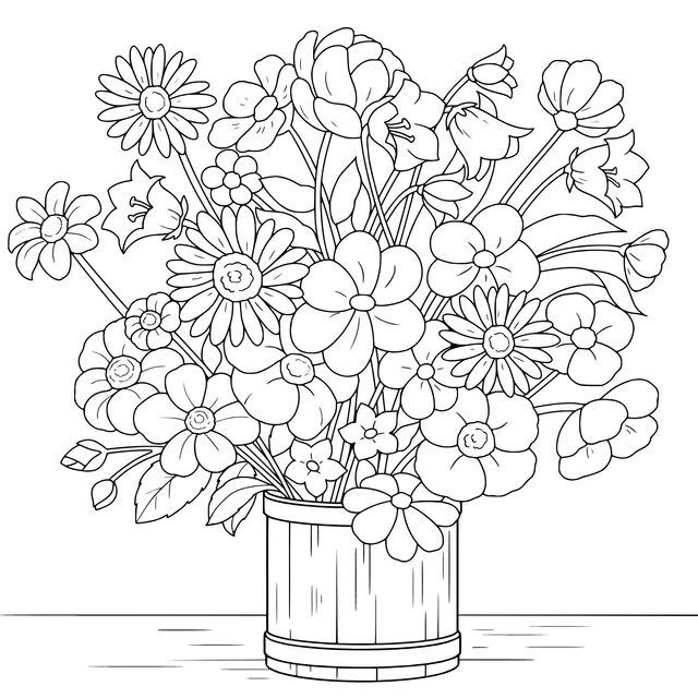 Colorful Flowers in a Wooden Pot