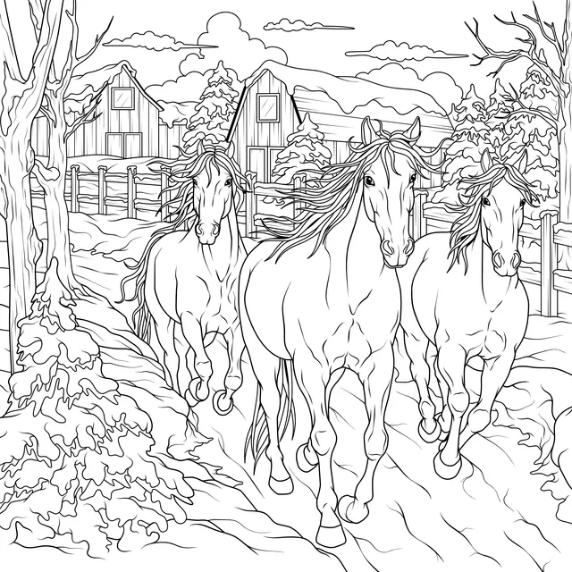Horses Running on a Winter Farm