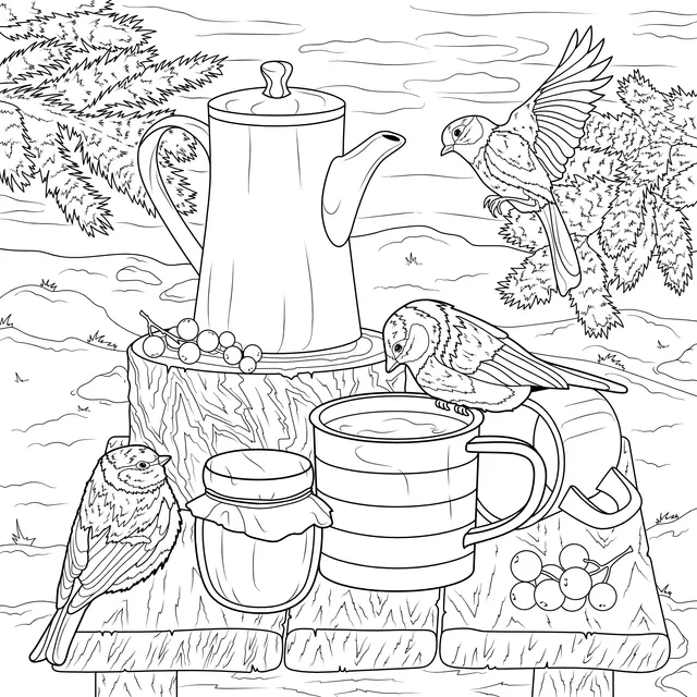 Tea - ware and Birds in the Winter Outdoors