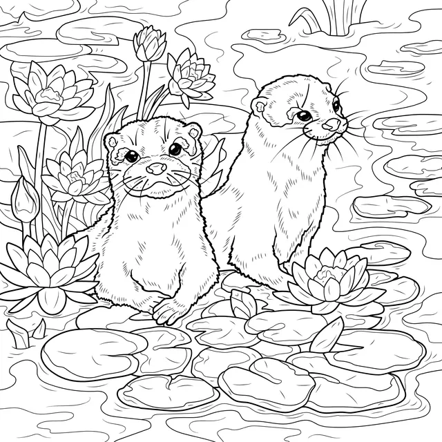 Otters in the Water - lily Pond