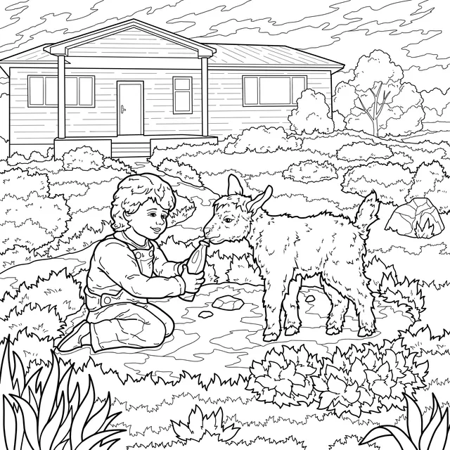 Child feeding a lamb in the yard