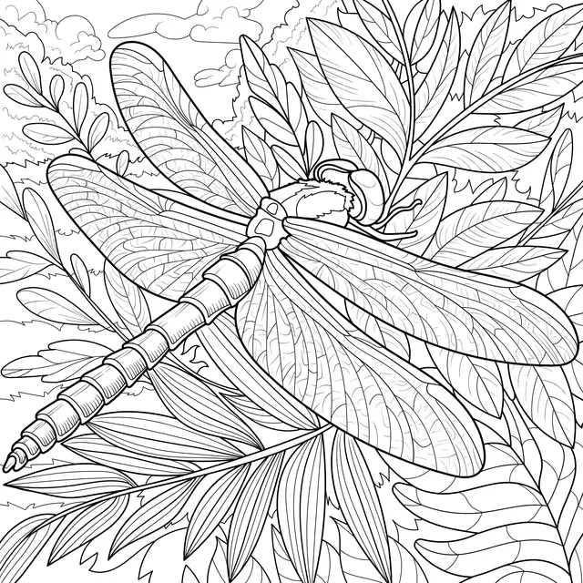 Blue Dragonfly on Green Leaves