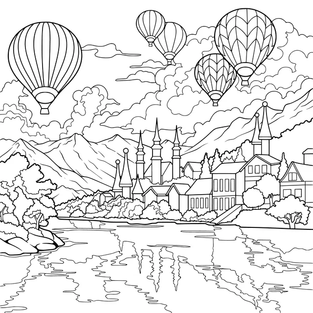 Hot - air Balloons over a Riverside Townscape