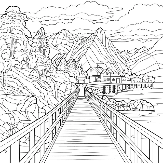 Mountain - village scenery by the lakeside wooden bridge