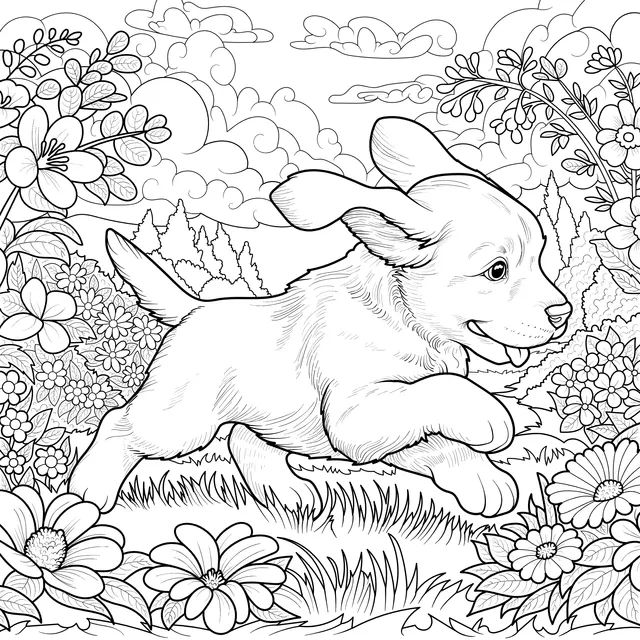 A puppy running in a flower - filled meadow