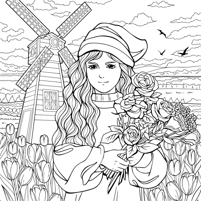 Girl in the Windmill Flower Field