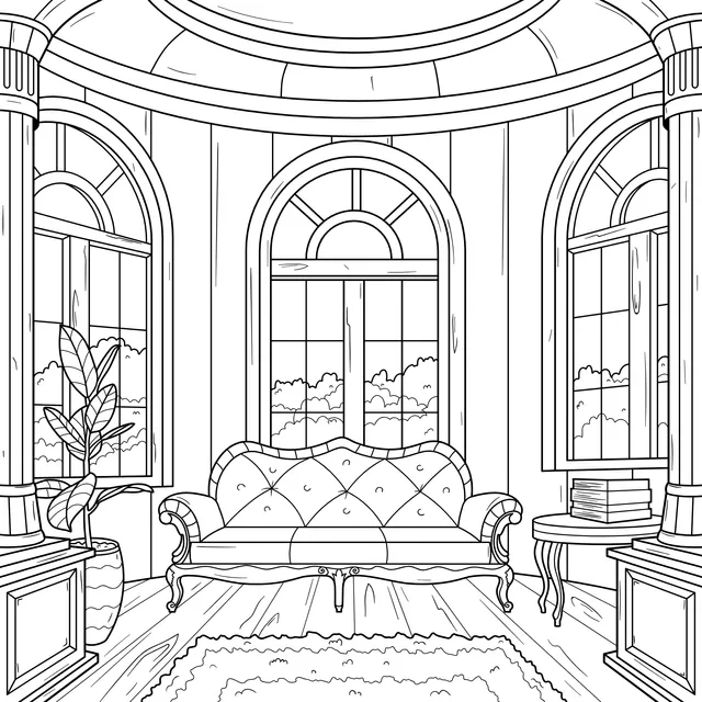 Cozy living room with arched windows