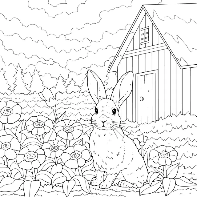 Rabbit and Wooden House in the Flower Field