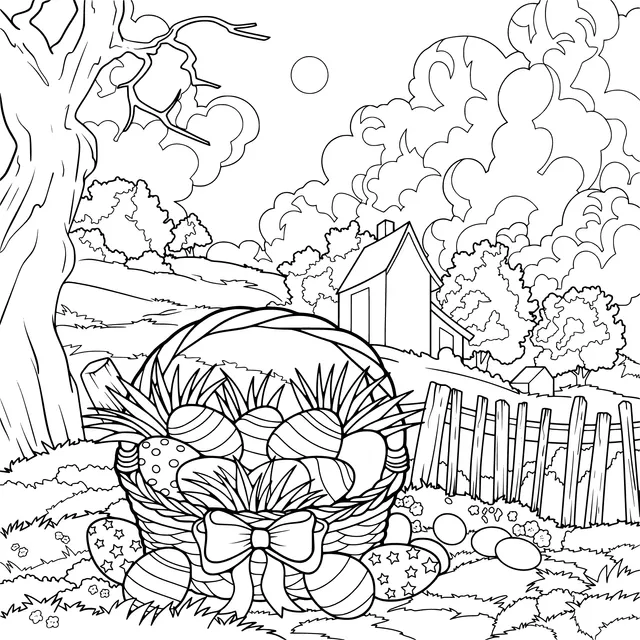 Easter Egg Basket and Rural Scenery