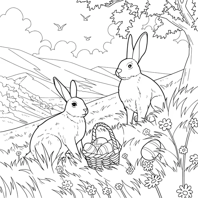 Easter Bunnies and Eggs on the Grass