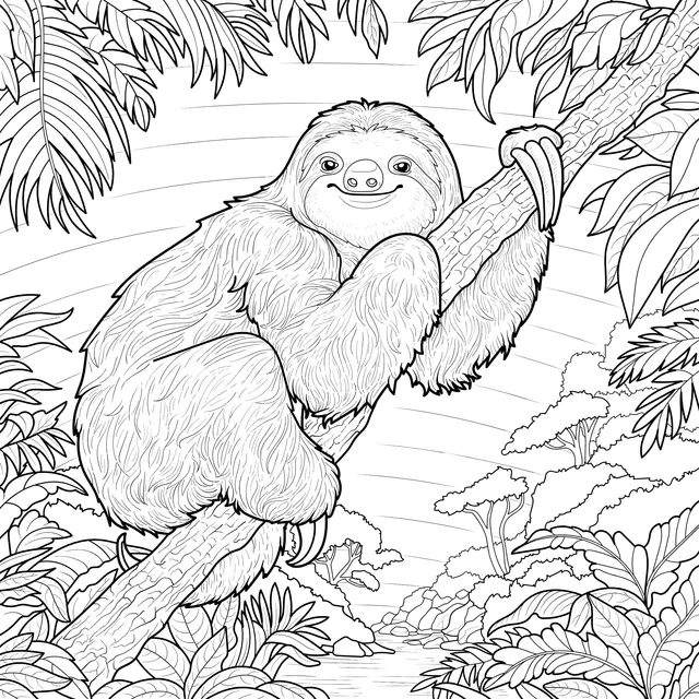 Sloth perches on a branch in the tropical rainforest