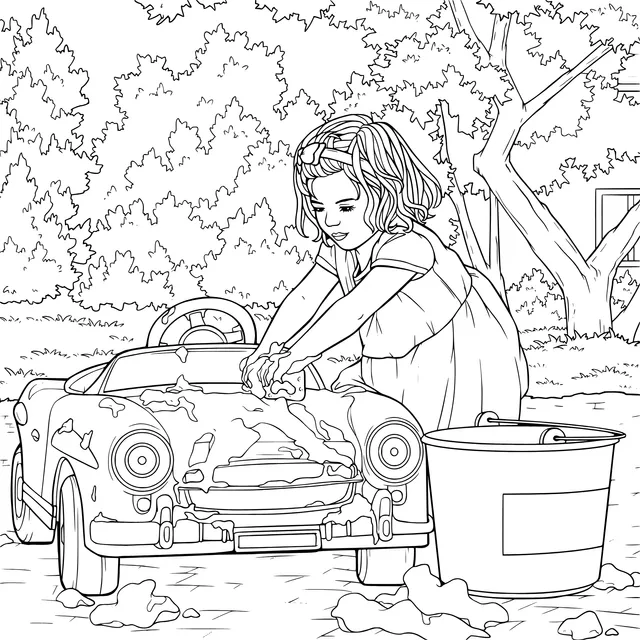 Girl washing a toy car