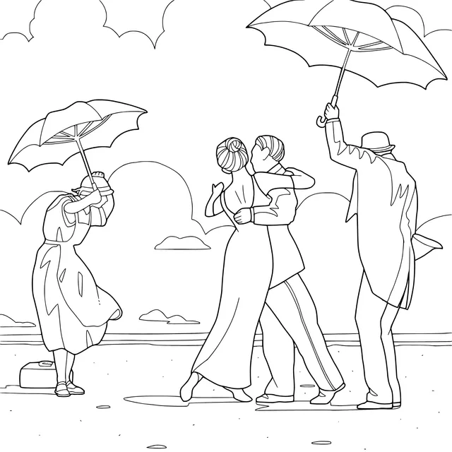 Dancers and umbrella - holders on the beach in the rain