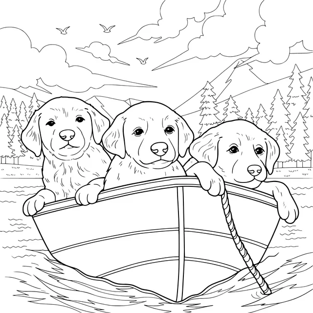 Three Puppies Boating on the Lake
