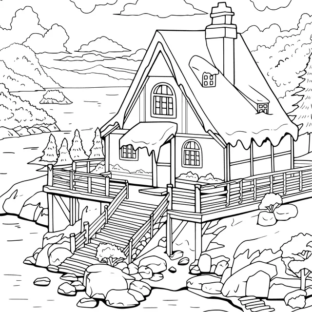 Snow - covered Cottage by the Lake