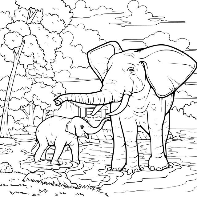 Mother - elephant and baby - elephant by the water