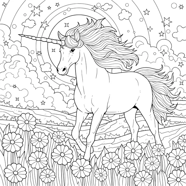 Fantasy Unicorn Strolling in the Flower - bed