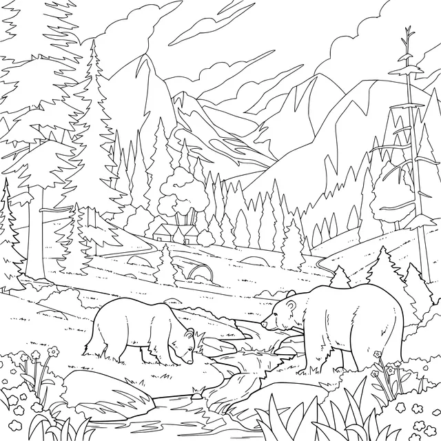 Two Bears and Scenic Stream in the Mountains