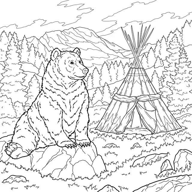 Brown Bear and Teepee in the Wilderness