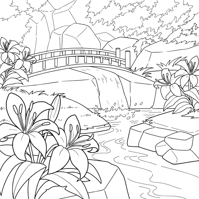 Bridge and Stream Surrounded by Flowers