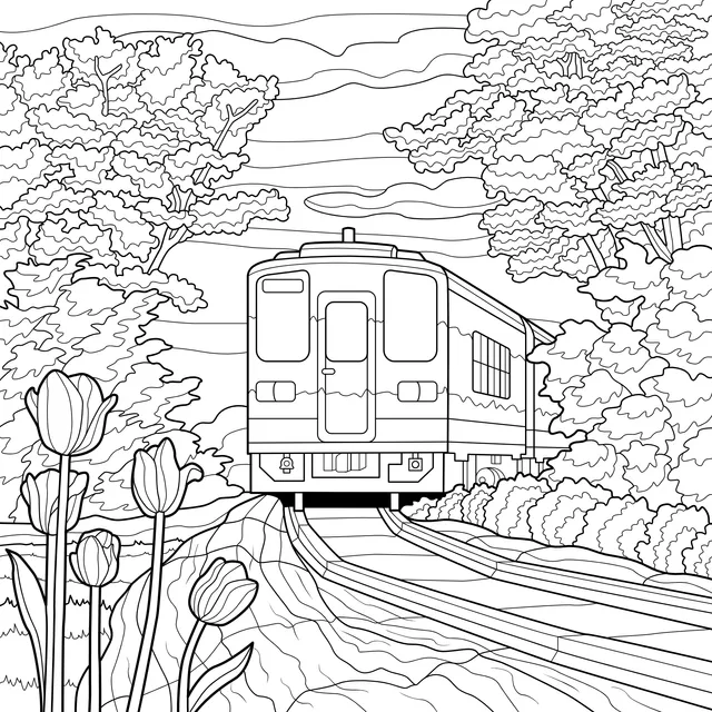 Train traveling among flowers