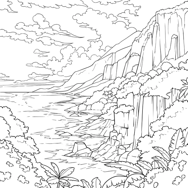 Coastal Mountain and Forest at Sunset