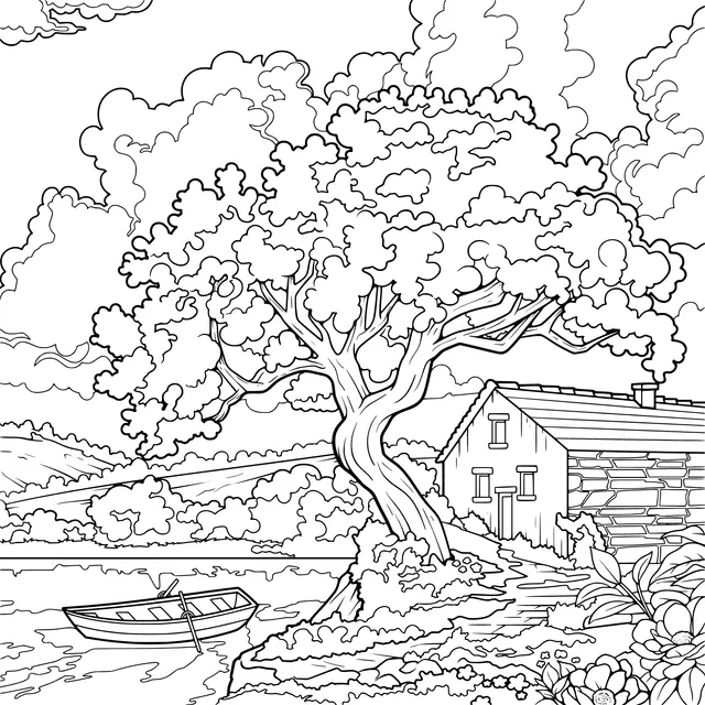 Cottage by the Lake and the Big Tree