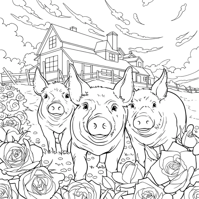 Three Pigs and a Farmhouse in a Rose Bush