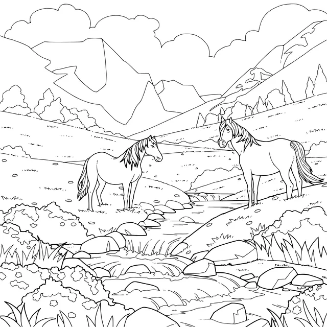 Pastoral scenery with two horses by the stream