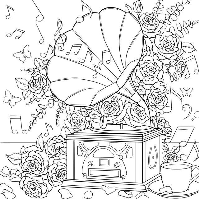 Romantic Flowers and Musical Notes beside the Gramophone