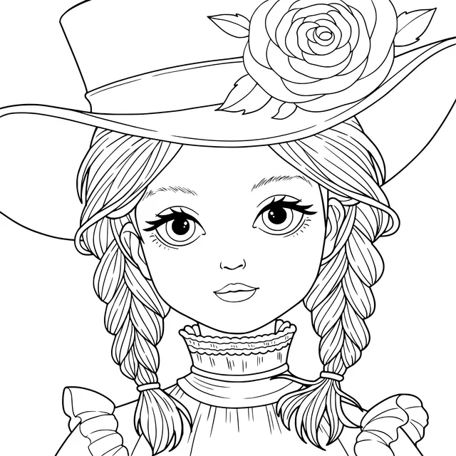 Braided - haired Girl with a Rose - adorned Hat