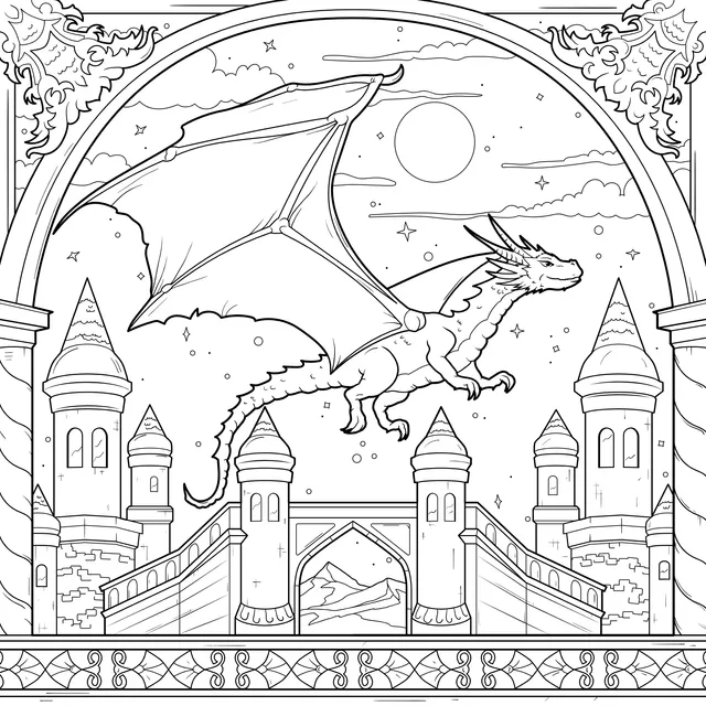 A flying dragon above the castle under the moon - lit night
